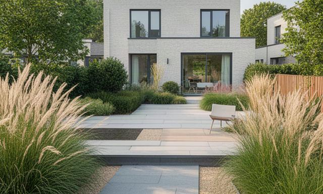 Moderne nieuwbouwtuin met strakke klinkerlijnen, siergrassen en een ruim terras